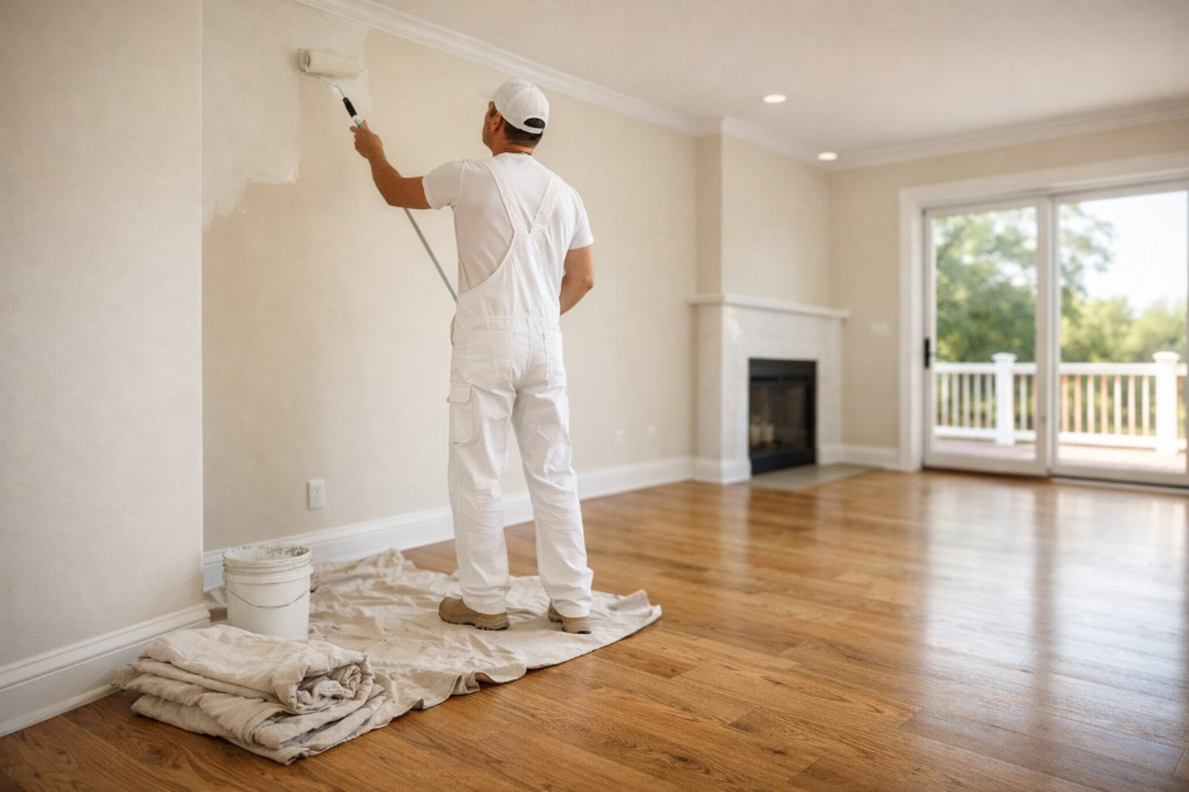 Professional painter applying interior wall paint in a bright modern home